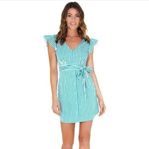 NEW BB Dakota Green/White Striped Peppermint Shirtdress w/V-Neck Ruffle Sleeve 2